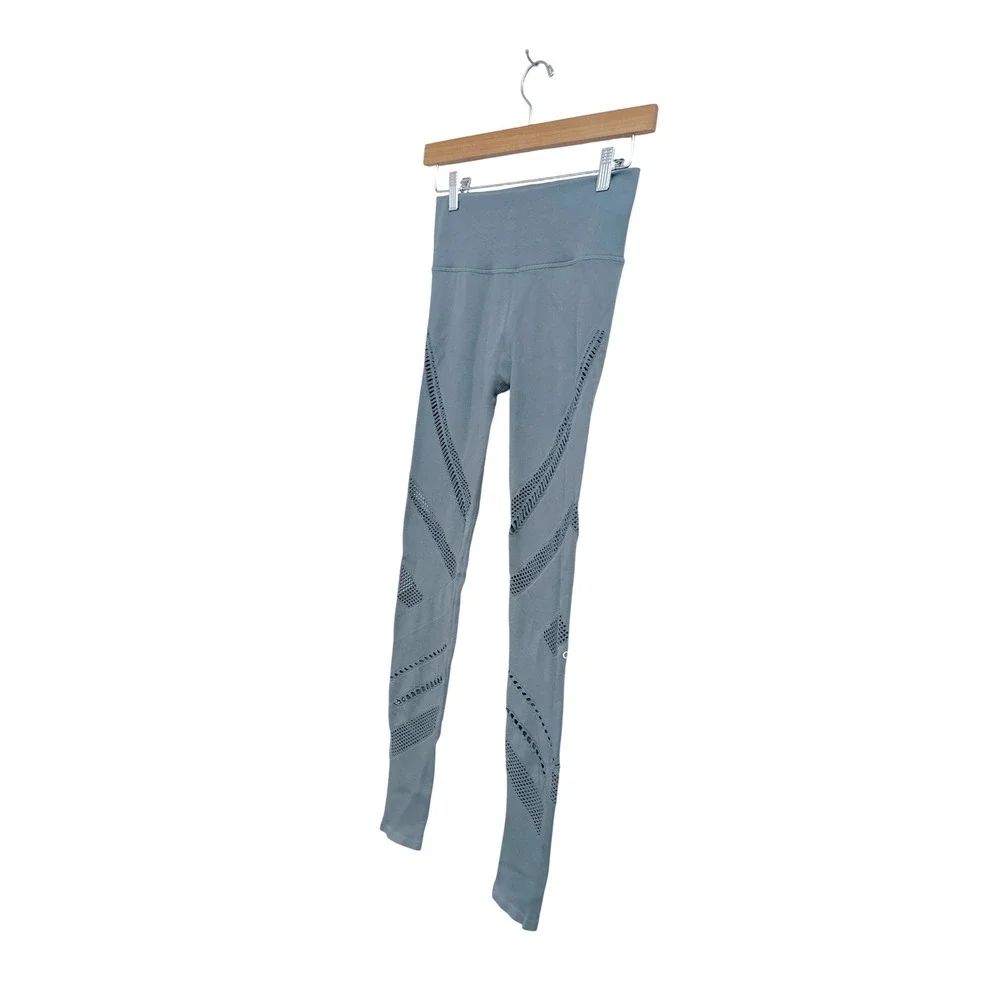 Alo Yoga Blue Grey Seamless High Waist Interlace Mesh‎ Ribbed Leggings Medium